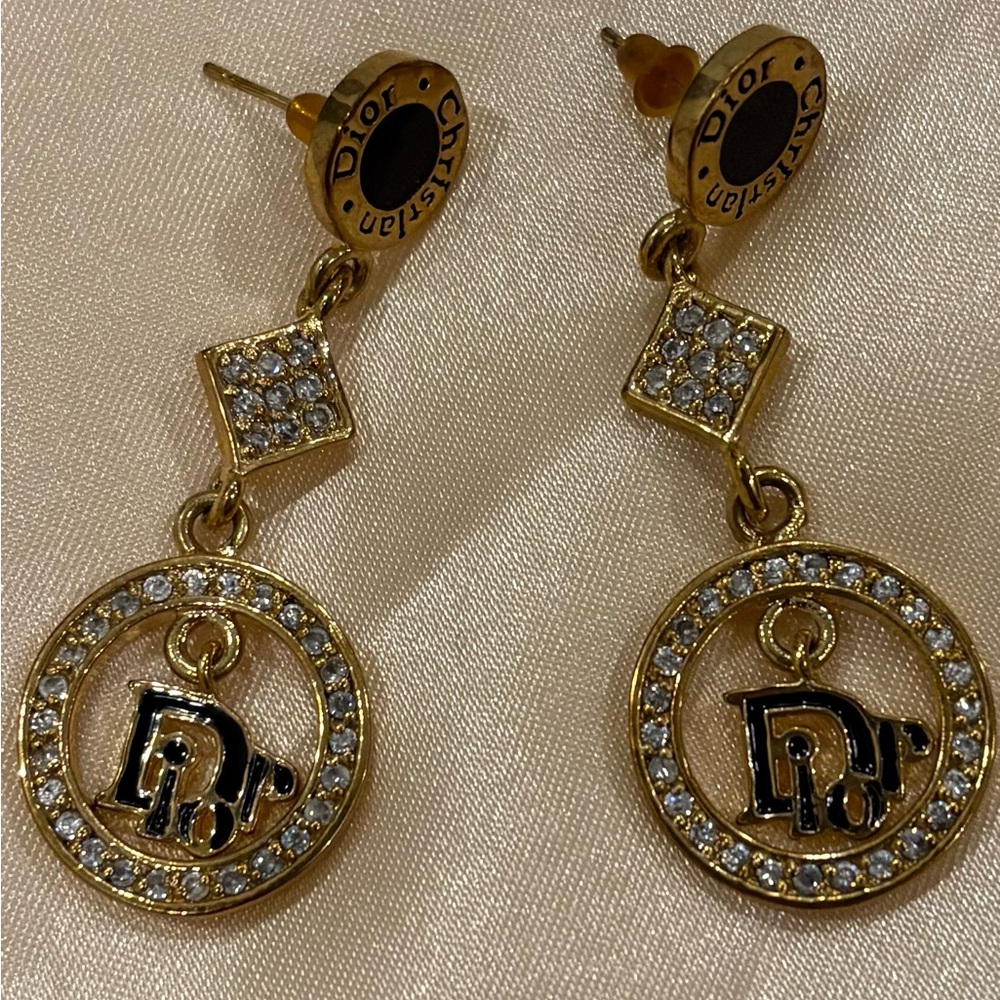 Dior Gold and Black Crystal Drop Earrings